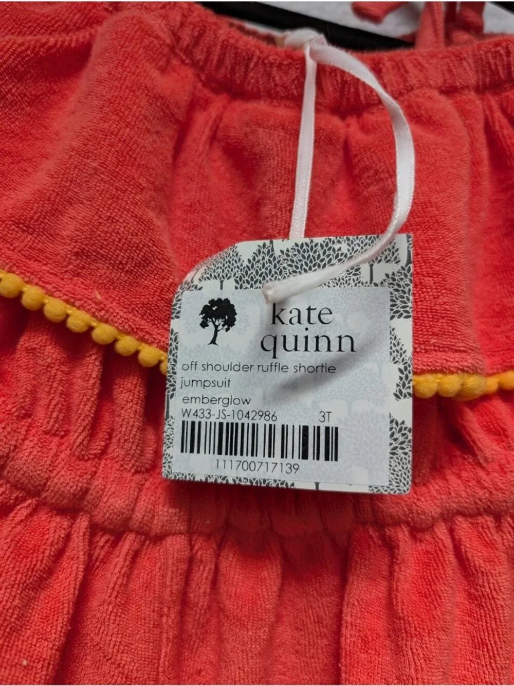 Kate Quinn Organic Cotton Terry cloth Ruffle Shortie Swim Coverup 3T Emberglow